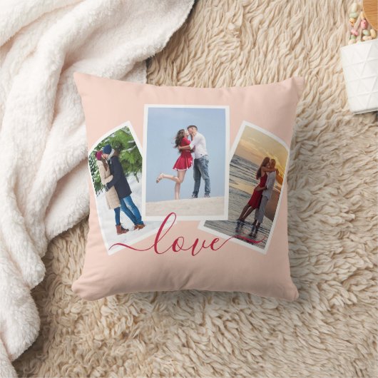 3 Photo Collage Pink Red Script  Love クッション (ブランケット)
