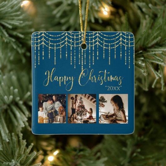 3 Photo Collage Rustic Garland Lights Ceramic Cera セラミックオーナメント (ツリー)