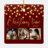 3 Photo Collage Rustic String Lights セラミックオーナメント (裏面)