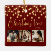 3 Photo Collage Rustic String Lights セラミックオーナメント (正面)