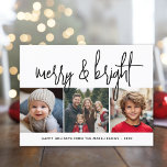 3 Photo Collage Script black white Merry Bright シーズンカード<br><div class="desc">A merry and bright holiday greeting with a rustic script calligraphy font. A mid-century modern feel with a geometric pattern on the back. This non-traditional design is a fresh approach that will make your family photos stand out.</div>