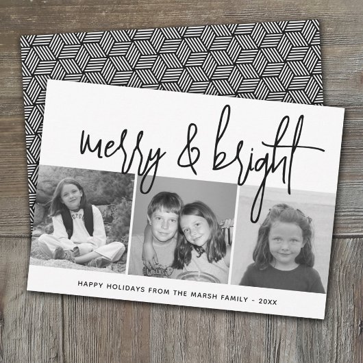 3 Photo Collage Script black white Merry Bright シーズンカード