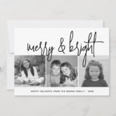 3 Photo Collage Script black white Merry Bright シーズンカード (正面)