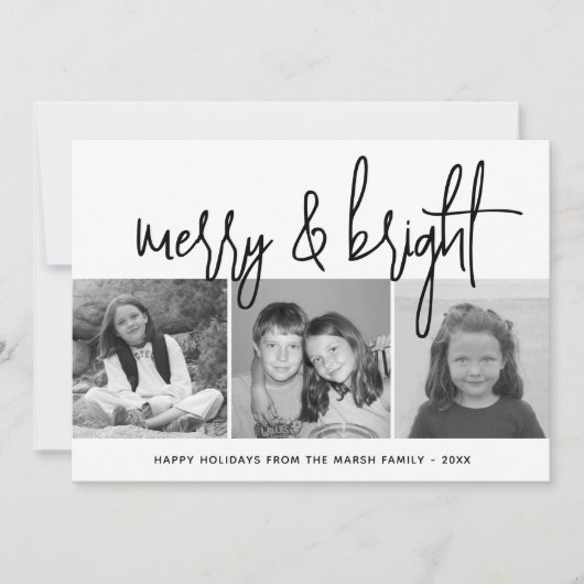 3 Photo Collage Script black white Merry Bright シーズンカード (正面)