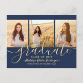3 Photo Collage Script Navy Blueと金ゴールド卒業 案内ポストカード (正面)