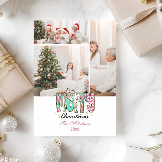 3 Photo Colorful Retro Merry Christmas シーズンカード