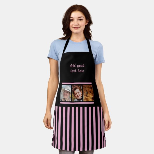 3 photo custom text black pink striped  エプロン (着用した状態)