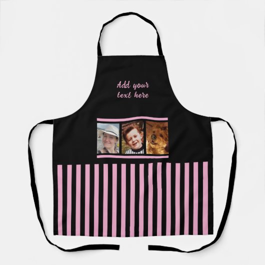 3 photo custom text black pink striped  エプロン (正面)