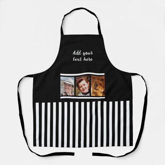 3 photo custom text black white striped  エプロン (正面)