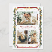 3 Photo Cute Botanical Christmas Foliage Gold Bows シーズンカード (正面)