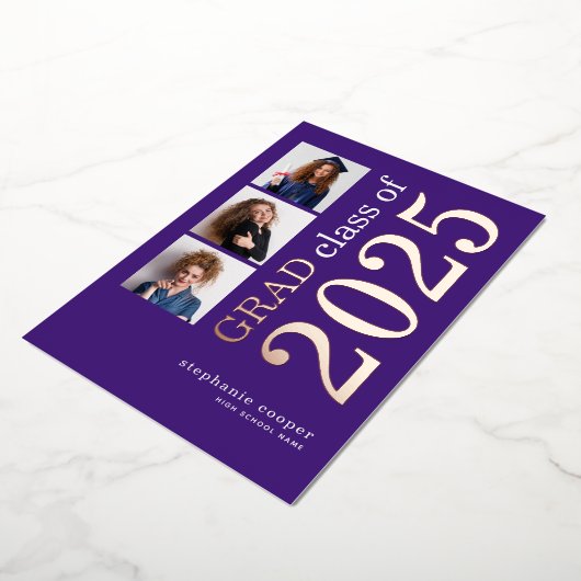 3 Photo Grad 2025紫色と箔付き発表 箔招待状 (回転した状態)