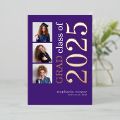 3 Photo Grad 2025紫色と箔付き発表 箔招待状 (立ち正面)