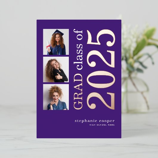 3 Photo Grad 2025紫色と箔付き発表 箔招待状 (立ち正面)