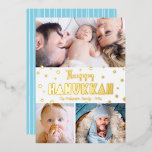 3 Photo Happy Hanukkah お洒落モダン実在金ゴールド 箔シーズンカード<br><div class="desc">「ハッピーハヌカー」 おもしろい、手よくはしゃぐ作りお洒落の金ゴールドフォイルのタイポグラフィとデビッドのランダムな星のパターンは、クリーンで白い背景をオーバーレイ。ハヌカーで選んだ写真を救済3枚追加してハヌカーで使う素晴らし、カラフル、パーソナライズされた金ゴールドフォイルのあいさつ実在カード。手で描いた白い線が背面の明るいターコイズの青い背景に重なっている。この感じフェスティバルの挨拶を送るたびに、休日の季節の暖かさと喜び。金ゴールド、銀実在、またはバラ金ゴールドフォイルの選択。ステッカー、枕、ラッピング紙、サービングトレイ、ホームデコルなども揃っている。ハヌカーを覚えさせろ！簡単を使用して、3枚のテンプレートを自分の写真に置き換え、あいさつ文に入力し、この金ゴールドフォイル実在Hanukkahグリーティングカードを簡単にパーソナライズできます。質問や要望があれば私に連絡して下さい。</div>