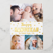 3 Photo Happy Hanukkah お洒落モダン実在金ゴールド 箔シーズンカード (正面)