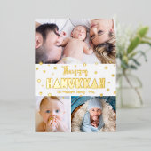3 Photo Happy Hanukkah お洒落モダン実在金ゴールド 箔シーズンカード (立ち正面)