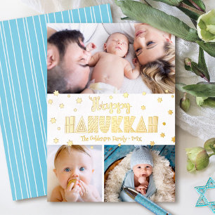 3 Photo Happy Hanukkah お洒落モダン実在金ゴールド 箔シーズンカード