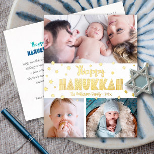 3 Photo Happy Hanukkah モダンお洒落実在金ゴールド 箔シーズンポストカード