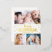 3 Photo Happy Hanukkah モダンお洒落実在金ゴールド 箔シーズンポストカード (正面/裏面)