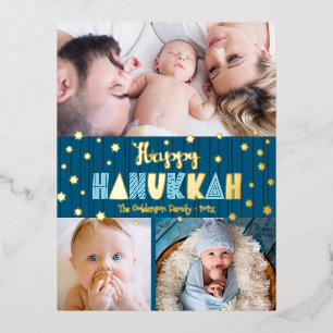 3 Photo Happy Hanukkah モダンティール(緑がかった色)ブルー実在金ゴールド 箔シーズンポストカード
