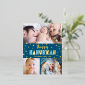 3 Photo Happy Hanukkah モダンティール(緑がかった色)ブルー実在金ゴールド 箔シーズンポストカード (立ち正面)