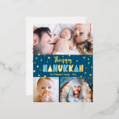 3 Photo Happy Hanukkah モダンティール(緑がかった色)ブルー実在金ゴールド 箔シーズンポストカード (正面/裏面)