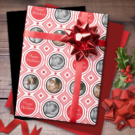 3 Photo Happy Holidays Red White Art Deco ラッピングペーパー