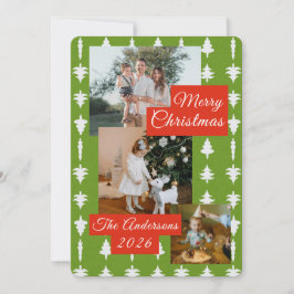 3 Photo Holiday Red + Green Christmas Tree Card シーズンカード