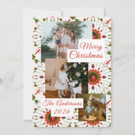 3 Photo Holiday Red + Green Ladybug Christmas Card シーズンカード