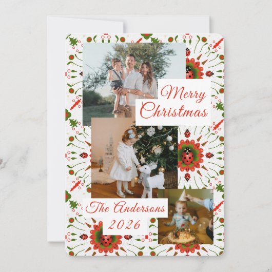3 Photo Holiday Red + Green Ladybug Christmas Card シーズンカード (正面)