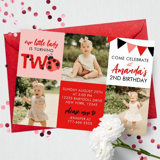 3 Photo Ladybug 2nd Birthday Invitation 招待状