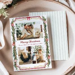 3 Photo Modern Botanical Christmas Foliage and Bow シーズンカード