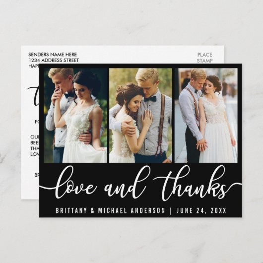3 Photo Modern Wedding Love Thanks White Script ポストカード (正面/裏面)