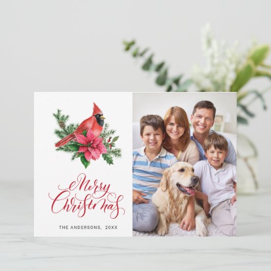 3 PHOTO Poinsettia赤い(鳥)ショウジョウコウカンチョウクリスマスグリーティング シーズンカード (スタンド正面)