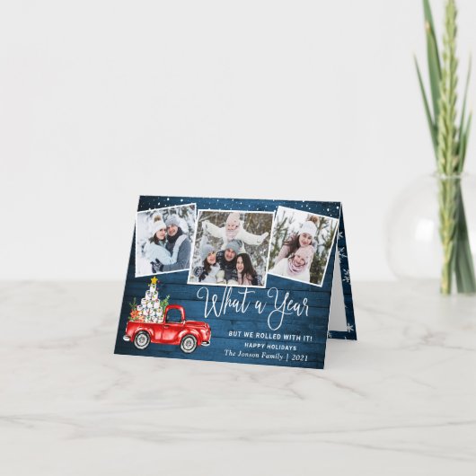 3 Photo What a Year Christmas Red Farm truck シーズンカード (正面)