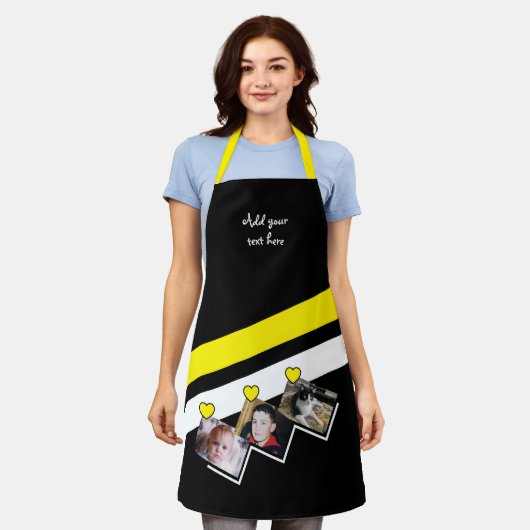 3 photos custom text black yellow エプロン (着用した状態)
