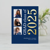 3 Photos Grad 2025 Navy Gold Foil発表 箔招待状 (立ち正面)