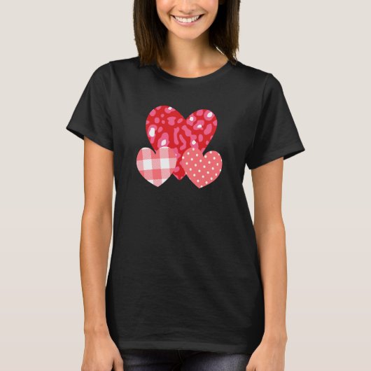 3 Pink Hearts Love Leopard Plaid Polka Dots Valent Tシャツ (正面)
