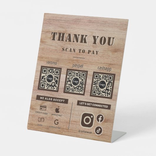 3 QRコード素朴を支払う木目スキャンありがとう 台座サイン (正面)