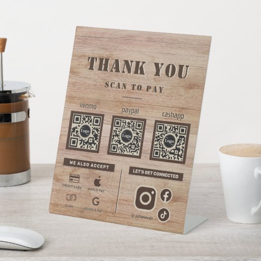 3 QRコード素朴を支払う木目スキャンありがとう 台座サイン (インサイチュ)