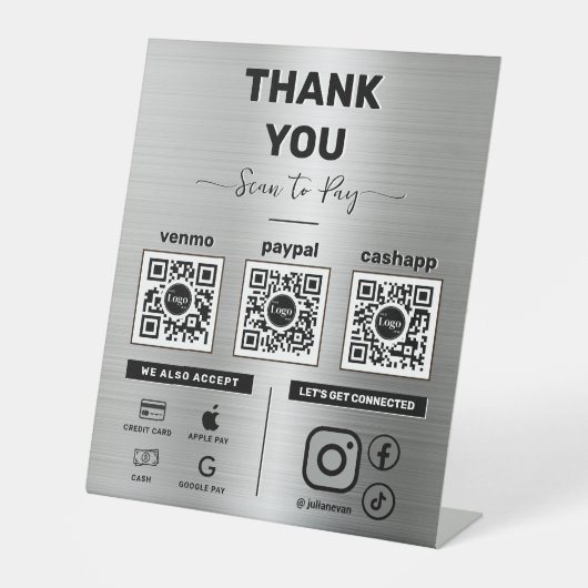 3 QRモダンコードを支払う光沢のある金属スキャンありがとう 台座サイン (正面)