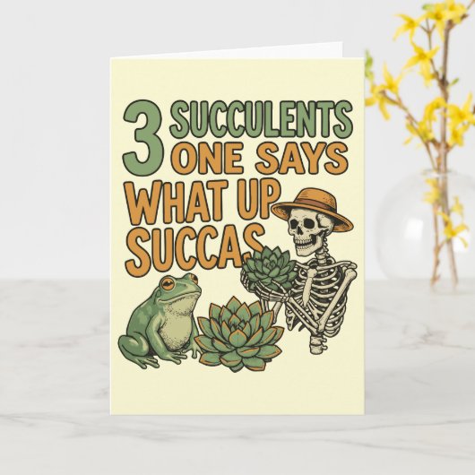 3 Succulents One Says Funny Gardening Frog Retro カード (黄色い花)