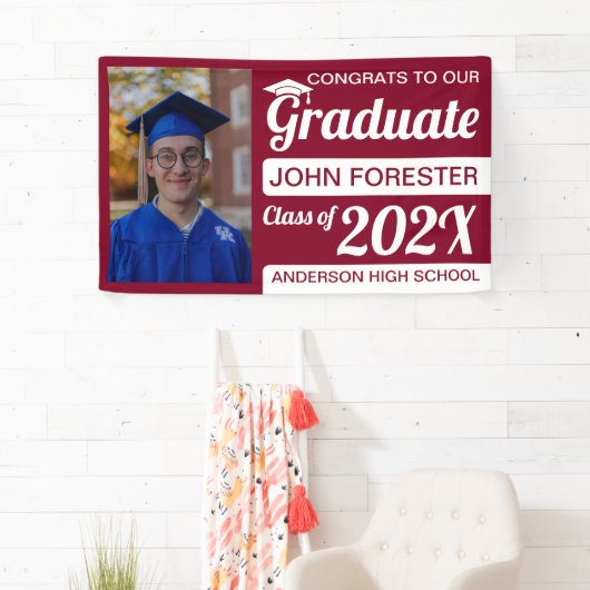 3' x 5'の赤と白のおめでとうを写真付きで卒業 横断幕 (インサイチュ)