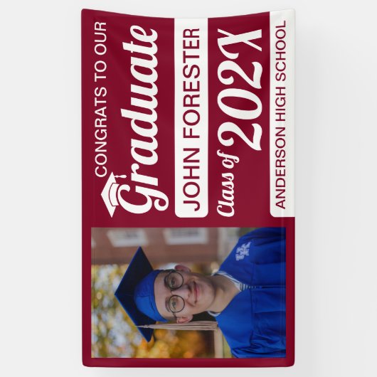 3' x 5'の赤と白のおめでとうを写真付きで卒業 横断幕 (縦)