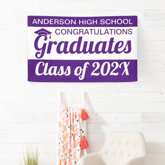 3' x 5'紫と白の卒業生 横断幕 (インサイチュ)