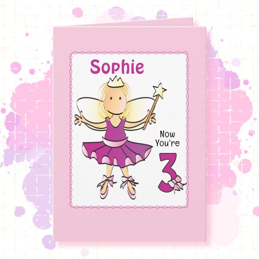 3 Year Old Cute Ballerina Cartoon Pink Birthday カード