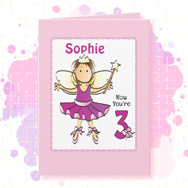 3 Year Old Cute Ballerina Cartoon Pink Birthday   カード
