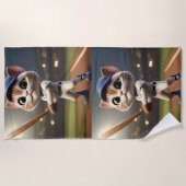 3Dおもしろい野球猫 ビーチタオル (正面)