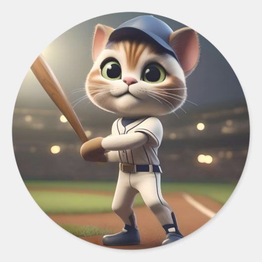 3Dおもしろい野球猫 ラウンドシール (正面)