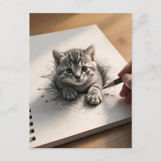 3Dイリュージョンの縞模様の子猫の鉛筆画 ポストカード